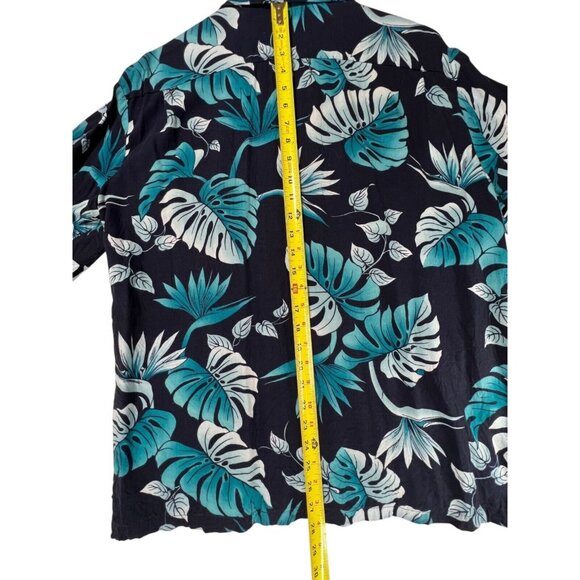 Vintage Hilo Hattie Hawaiian Black Teal Blue Floral Button-Up Shirt Mens Large - Picture 9 of 11
